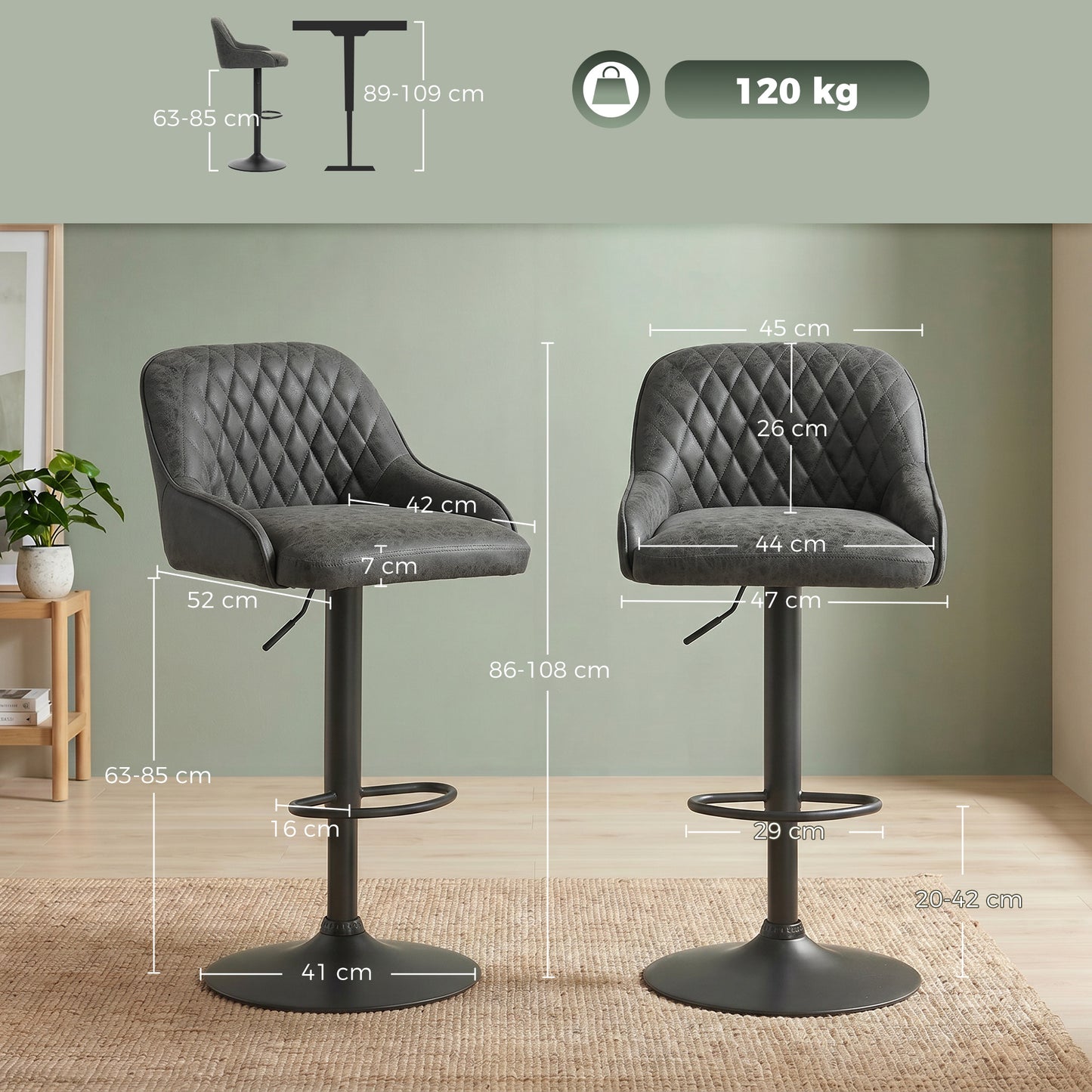 HOMCOM Adjustable Swivel Bar Stools With Backrest Set Of 2 For Kitchen Island Dark Grey