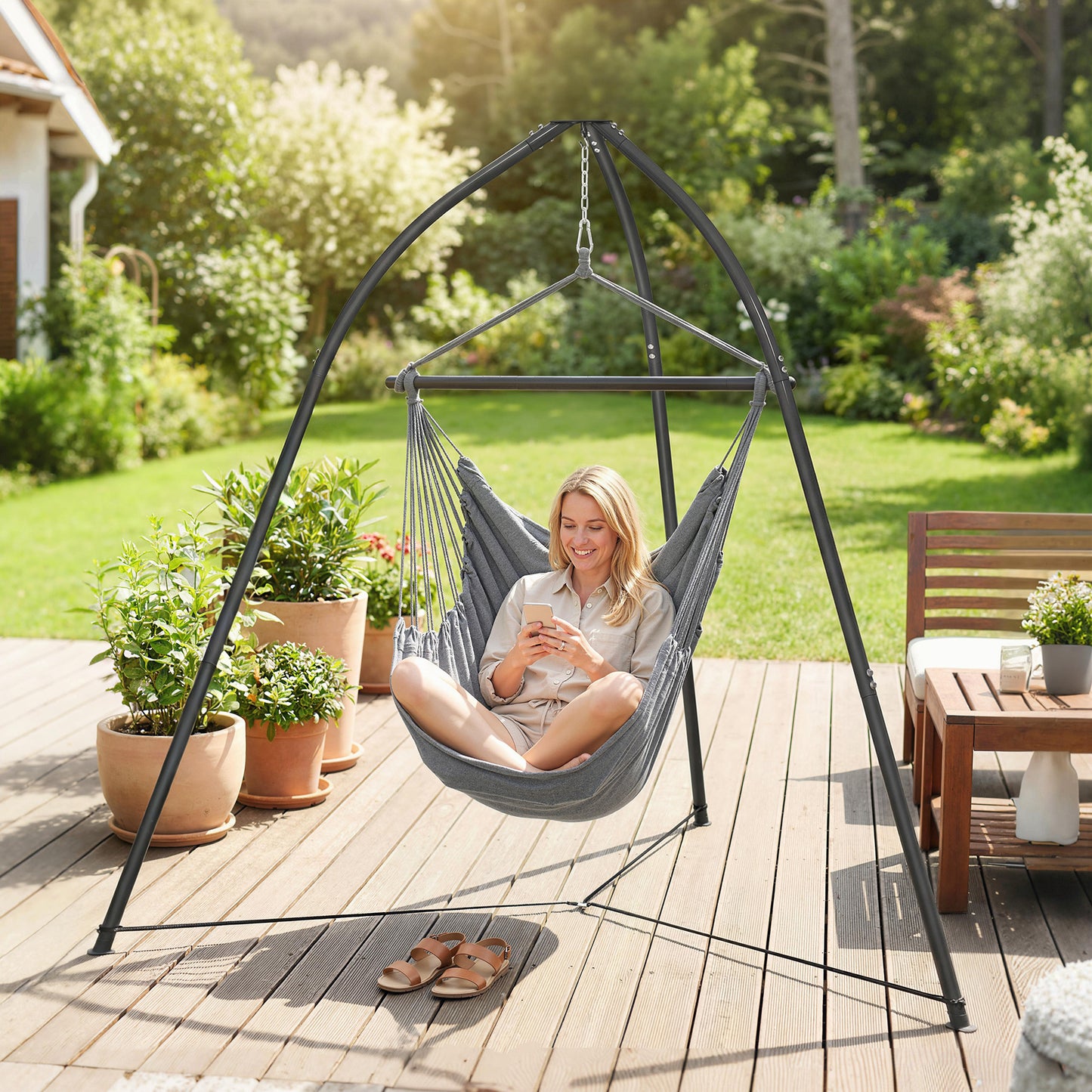 Outsunny Tripod Hammock Stand With Chain For Hanging Chair Adjustable Height 150 Kilogram Capacity Weatherproof Black