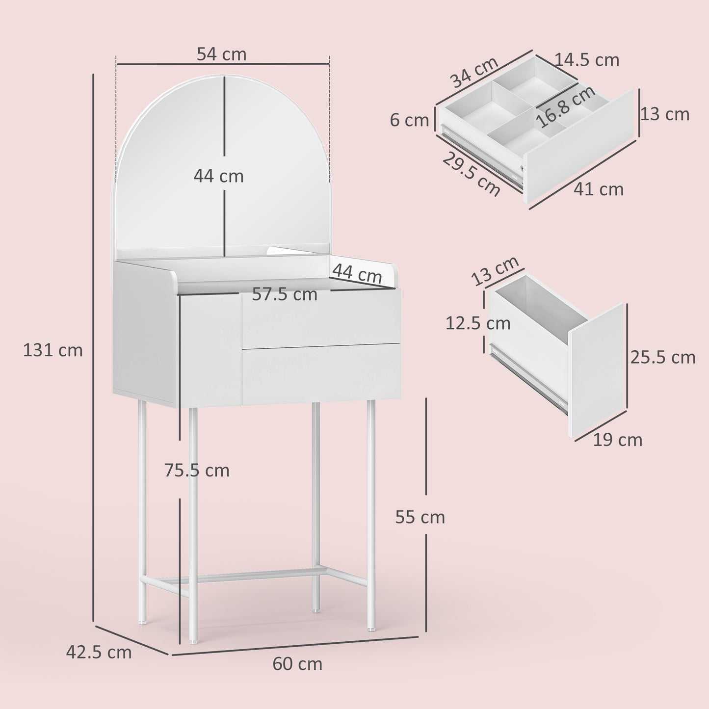 HOMCOM Three Drawer Compact Dressing Table White Vanity Desk With Large Arch Mirror