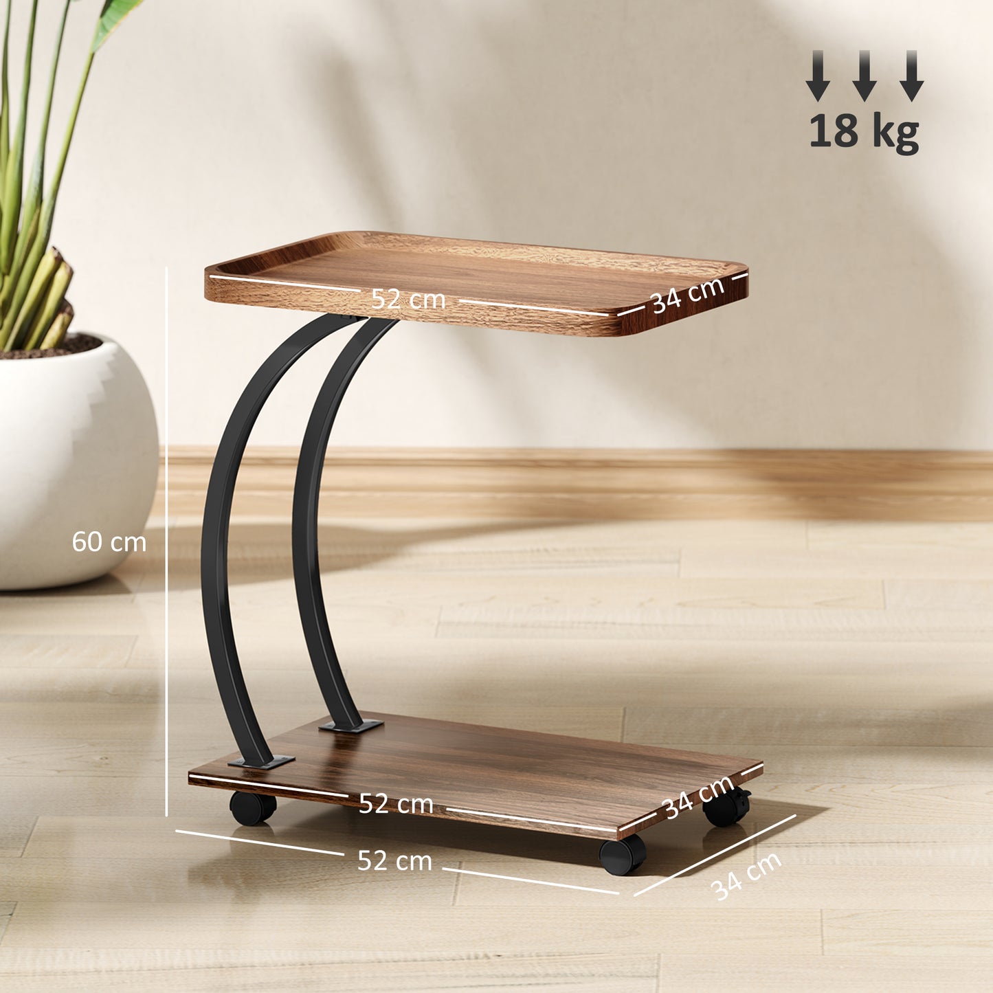 HOMCOM 2 Tier Mobile C Shaped Side Table Brown With Tray Top And Two Tier Storage