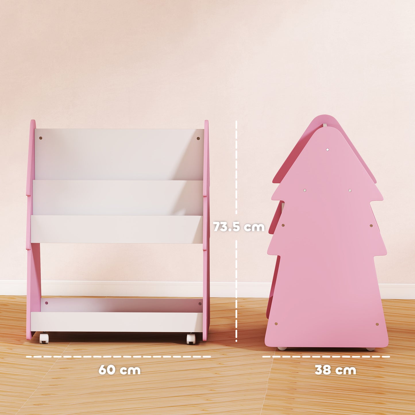 AIYAPLAY Double Sided Kids Bookcase With Toy Storage On Wheels 3 Tier Pink Bedroom Organizer