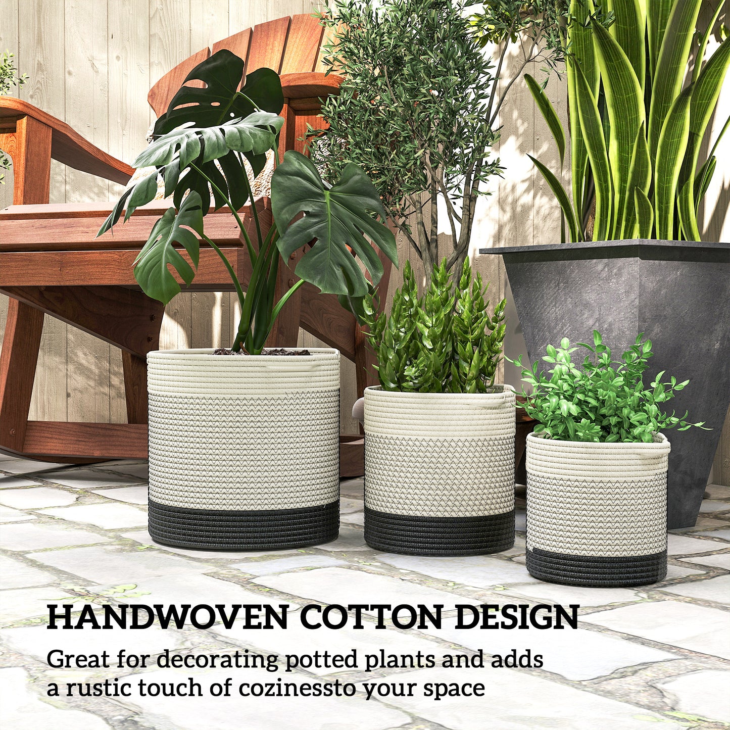 Outsunny Handwoven Cotton Indoor Plant Pots With Waterproof Liner Set Of 3 White
