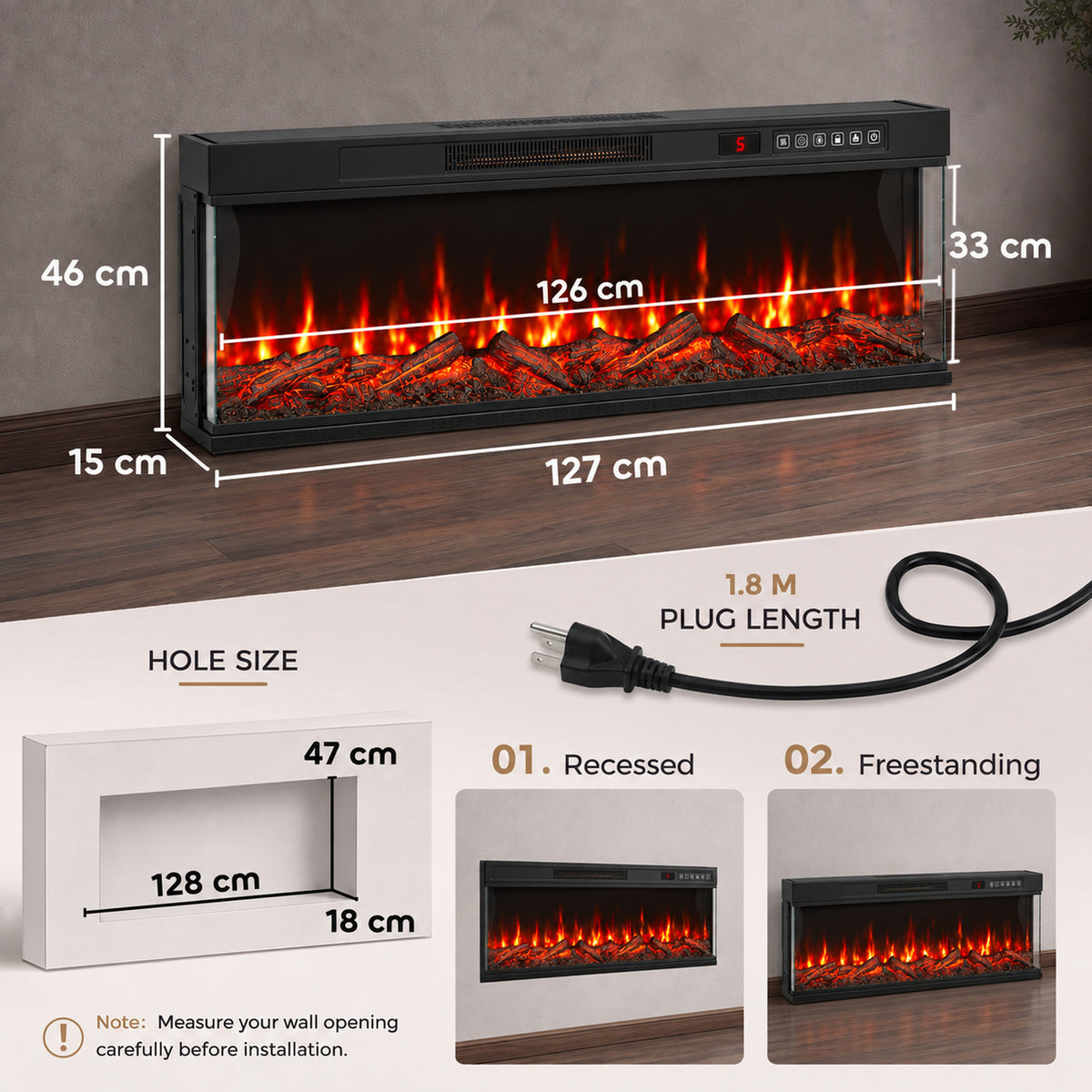 Electric fireplace with three-sided glass, dimensions and power cord shown on diagram