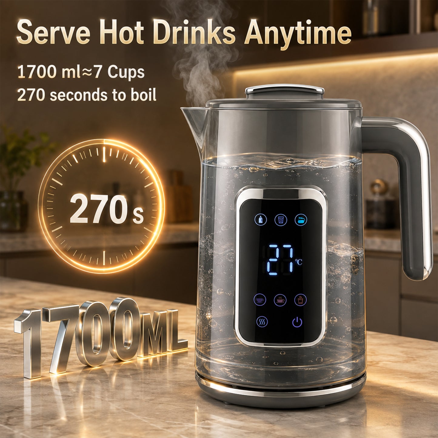 Homcom 1.7L Electric Kettle 3000W Fast Boil Led Temp Control Keep Warm Grey