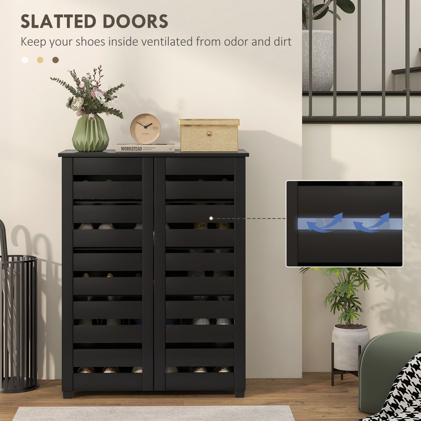 Homcom Narrow Shoe Cabinet For Entryway, Slim 5-Tier Storage With 2 Slatted Doors And Adjustable Shelves