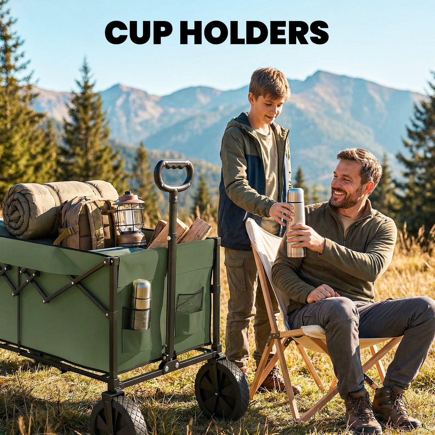 Outsunny 95L Foldable Trolley On Wheels Collapsible Wagon Cart With Adjustable Handle And 2 Cup Holders Dark Green