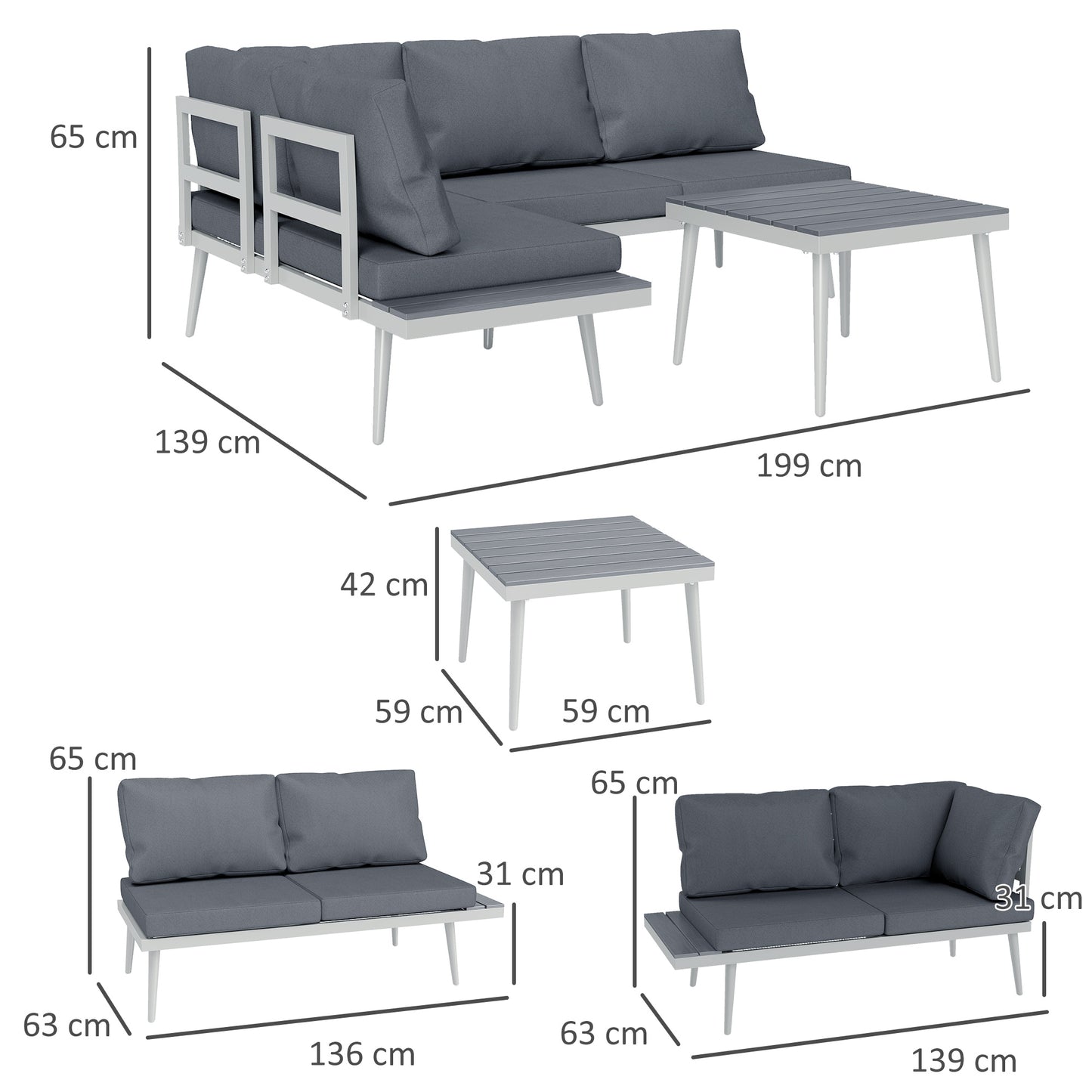 Outsunny 3 Piece Garden Furniture Set With 5 Level Adjustable Lounger And L Shaped Corner Sofa Cushions Table Grey