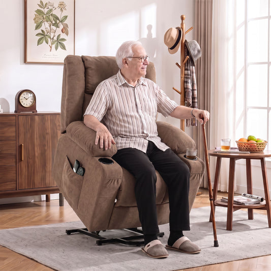 Brown electric lift recliner chair with massage and heat, shown reclined in living room