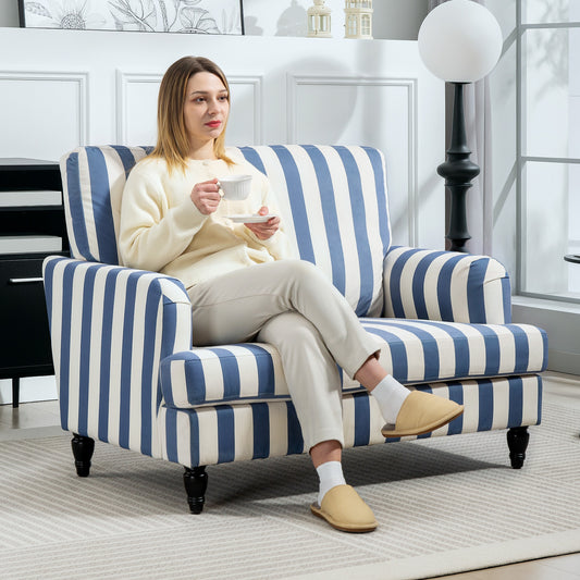 HOMCOM Velvet Cuddle Chair With Stripe Blue And White Modern Armchair Snuggle Sofa For Living Room Bedroom Turned Legs