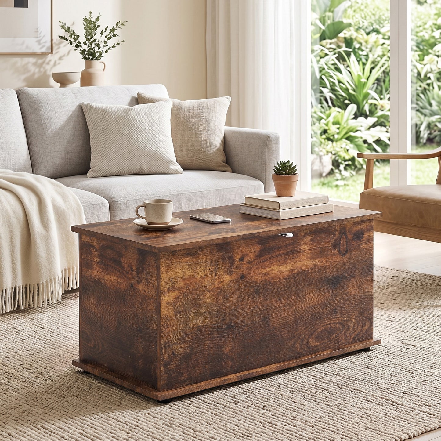 HOMCOM Rustic Brown Storage Bench 102L Blanket Box With Safety Hinged Lid And Shoe Holder