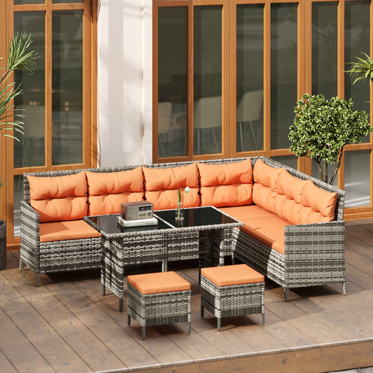 Outsunny 7 Seater Patio Wicker Sofa Set Rattan Furniture With Glass Table Cushions Orange