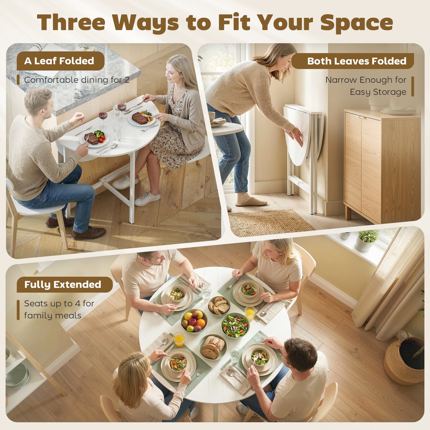 HOMCOM Collapsible Drop Leaf Table Folding Dining Table For Small Spaces Extendable Kitchen Table With Steel Frame White