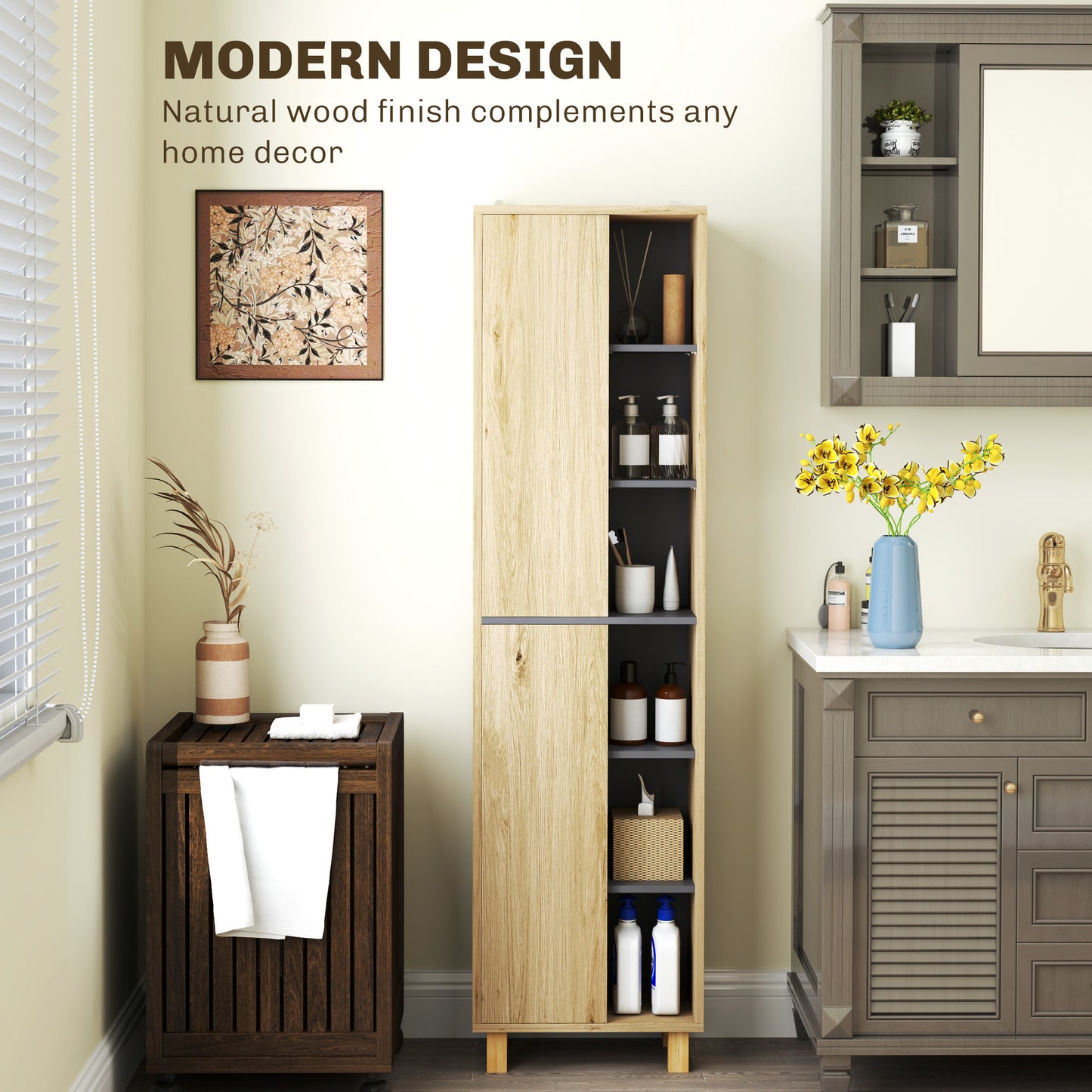 HOMCOM Slim Bathroom Cabinet With Wood Effect Finish 6 Open Shelves And 2 Three Layer Cabinets Anti Tip Straps