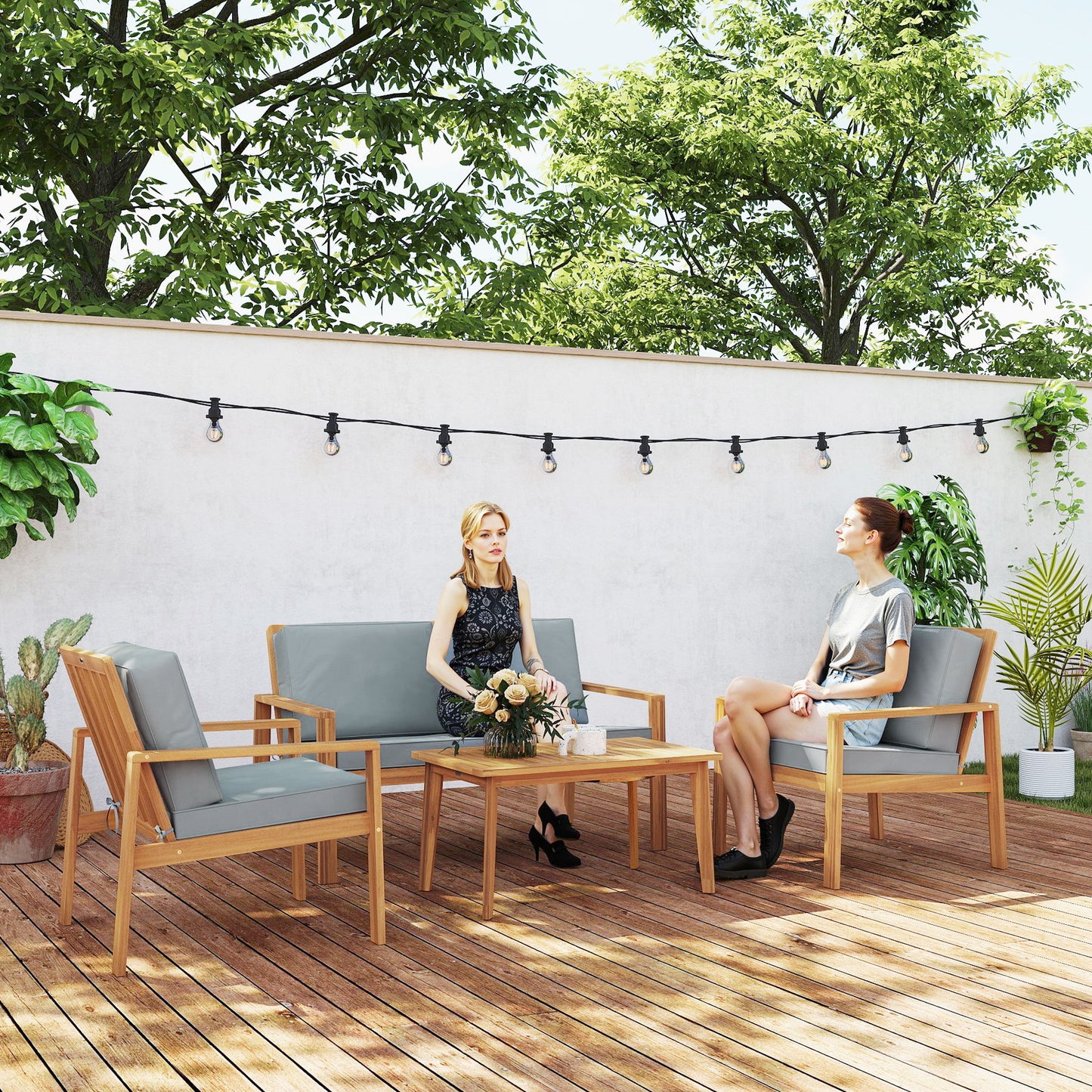 Outsunny 4 Piece Wooden Garden Furniture Set With Cushions Acacia Wood Patio Table And Loveseat Armchairs
