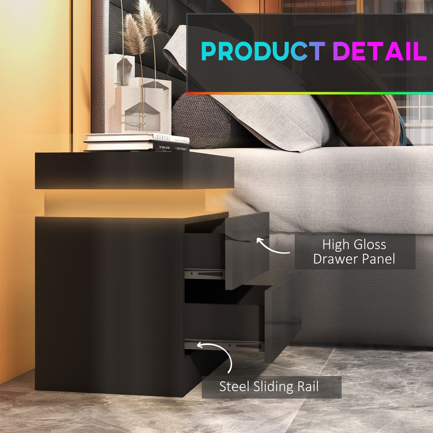 HOMCOM High Gloss Front Bedside Tables Set Of 2 With RGB LED Light And 2 Drawers For Bedroom Living Room Black