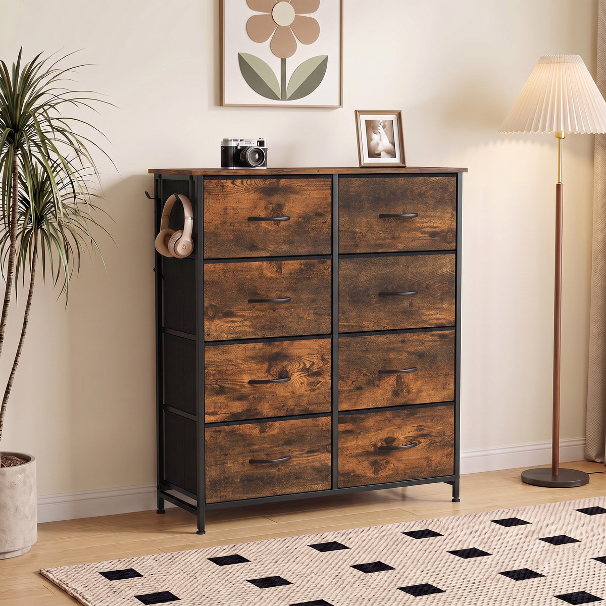 HOMCOM Rustic Brown Chest of Drawers with 8 Fabric Drawers and Side Bag