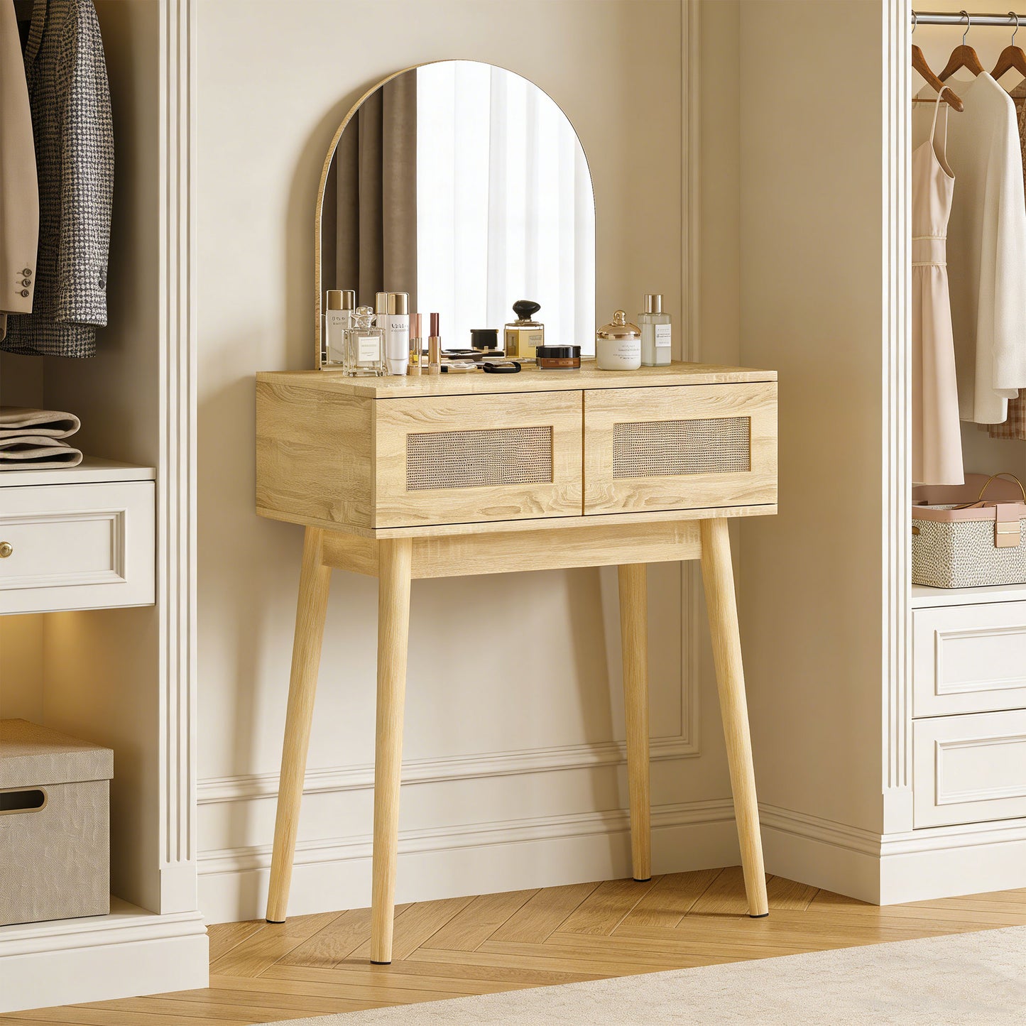 HOMCOM Compact Dressing Table Vanity Desk With Mirror And Two Drawers Natural Wood Finish