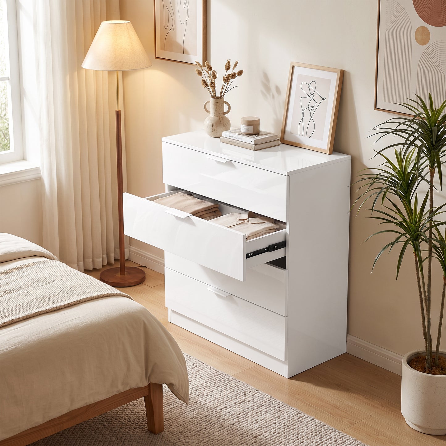 Homcom High Gloss 4 Drawer Chest Of Drawers White Bedroom Storage