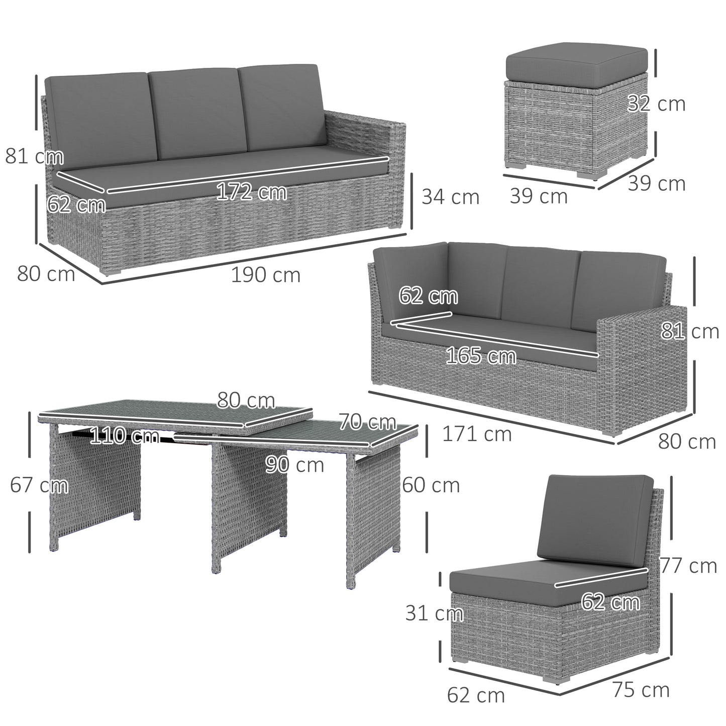 Outsunny Seven Piece Rattan Garden Sofa Set With Expanding Table Light Grey Seats Up To Ten People