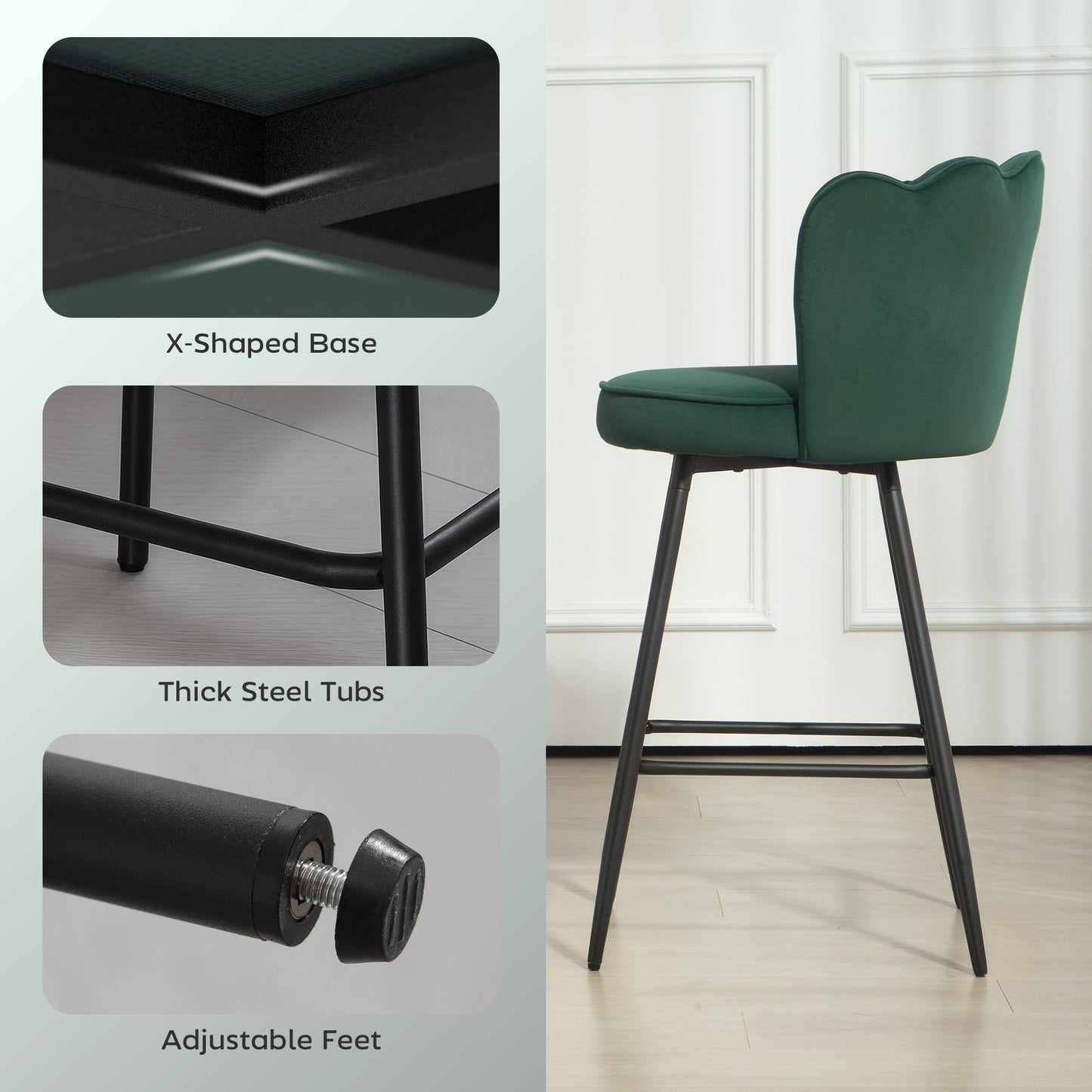 HOMCOM Set Of Two Velvet Feel Lotus Bar Stools Dark Green With High Back And Dense Foam