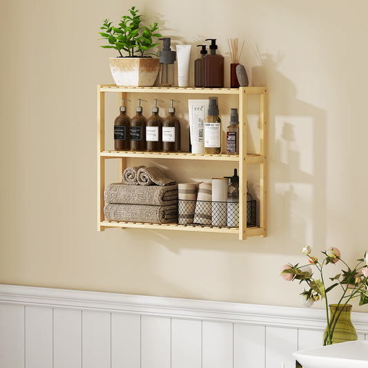 HOMCOM Three Tier Bamboo Bathroom Rack Natural Finish With Moisture Resistant Build And Five Position Shelves