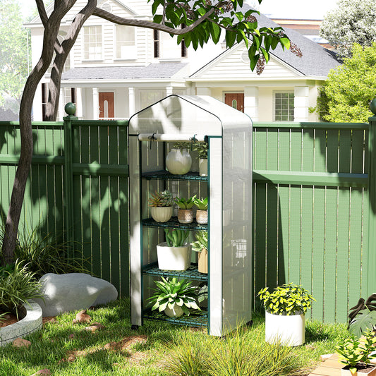 Outsunny 4 Tier Mini Portable Greenhouse with Lockable Rolling Wheels White Metal Frame PE Cover