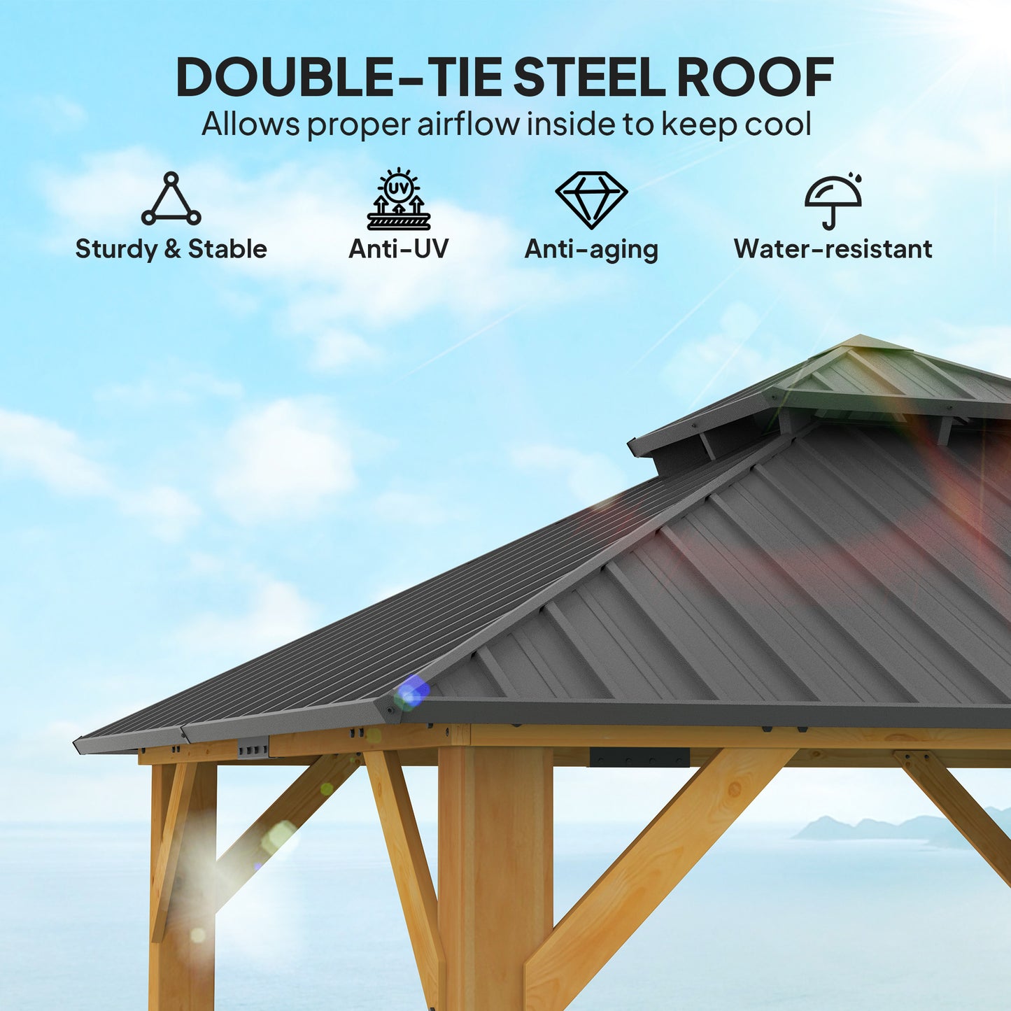 Outsunny 3x3m Outdoor Hardtop Gazebo Canopy With Two Tier Roof And Solid Wood Frame For Patio Garden Grey
