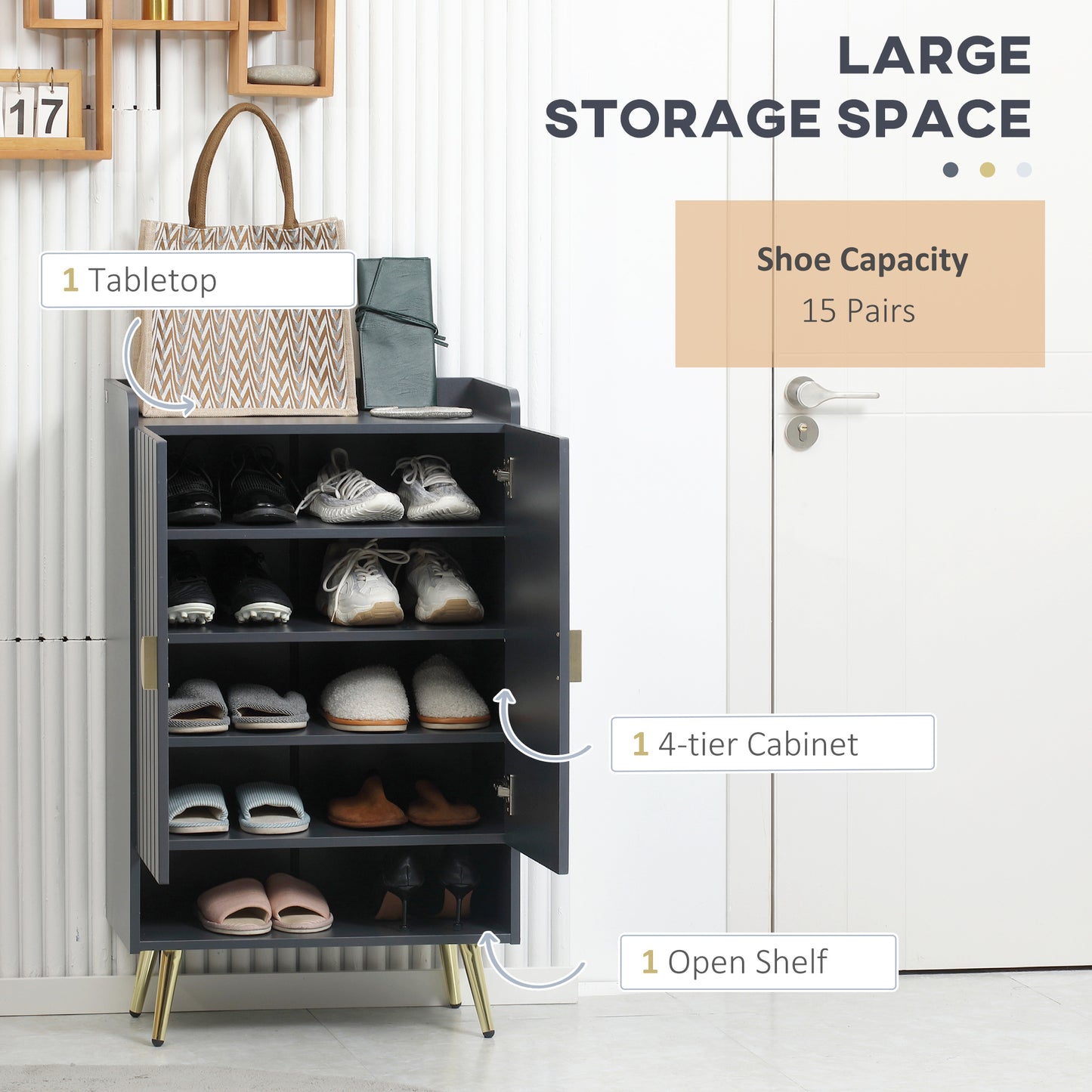 HOMCOM Modern Grey Shoe Cabinet With Two Doors Open Shelf And Adjustable Shelves For 15 Pairs Hallway Entryway Storage