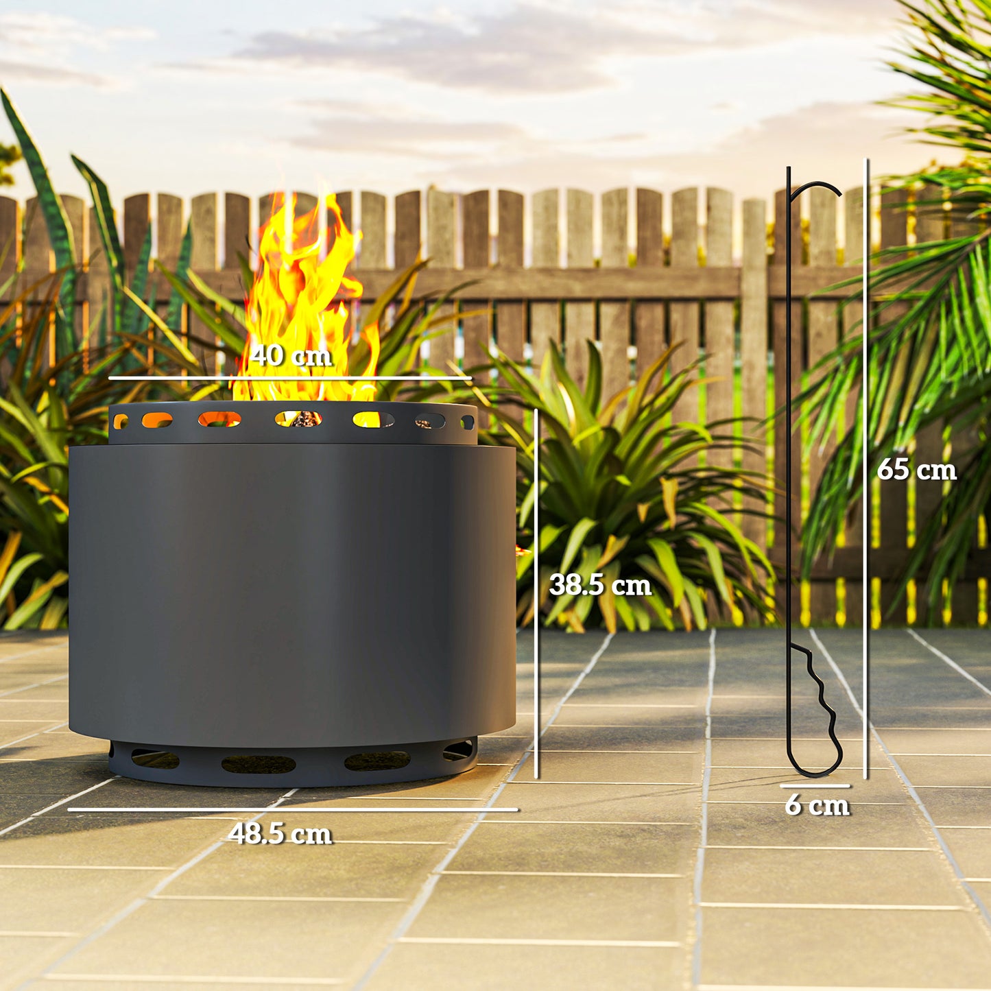 Outsunny Smokeless Fire Pit 48.5cm Portable Wood Burning Firepit With Poker For Garden Camping Bonfire Metal Dark Grey