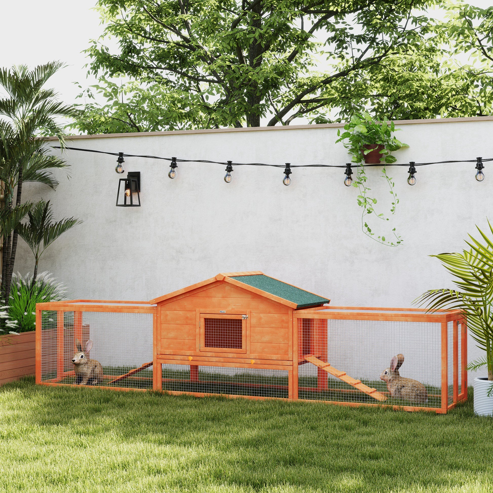 PawHut Wooden Rabbit Hutch with Enclosed Run, Easy-Clean Tray, Weatherproof Roof, 309 x 70 x 87cm, Vibrant Orange - ALL4U RETAILER LTD