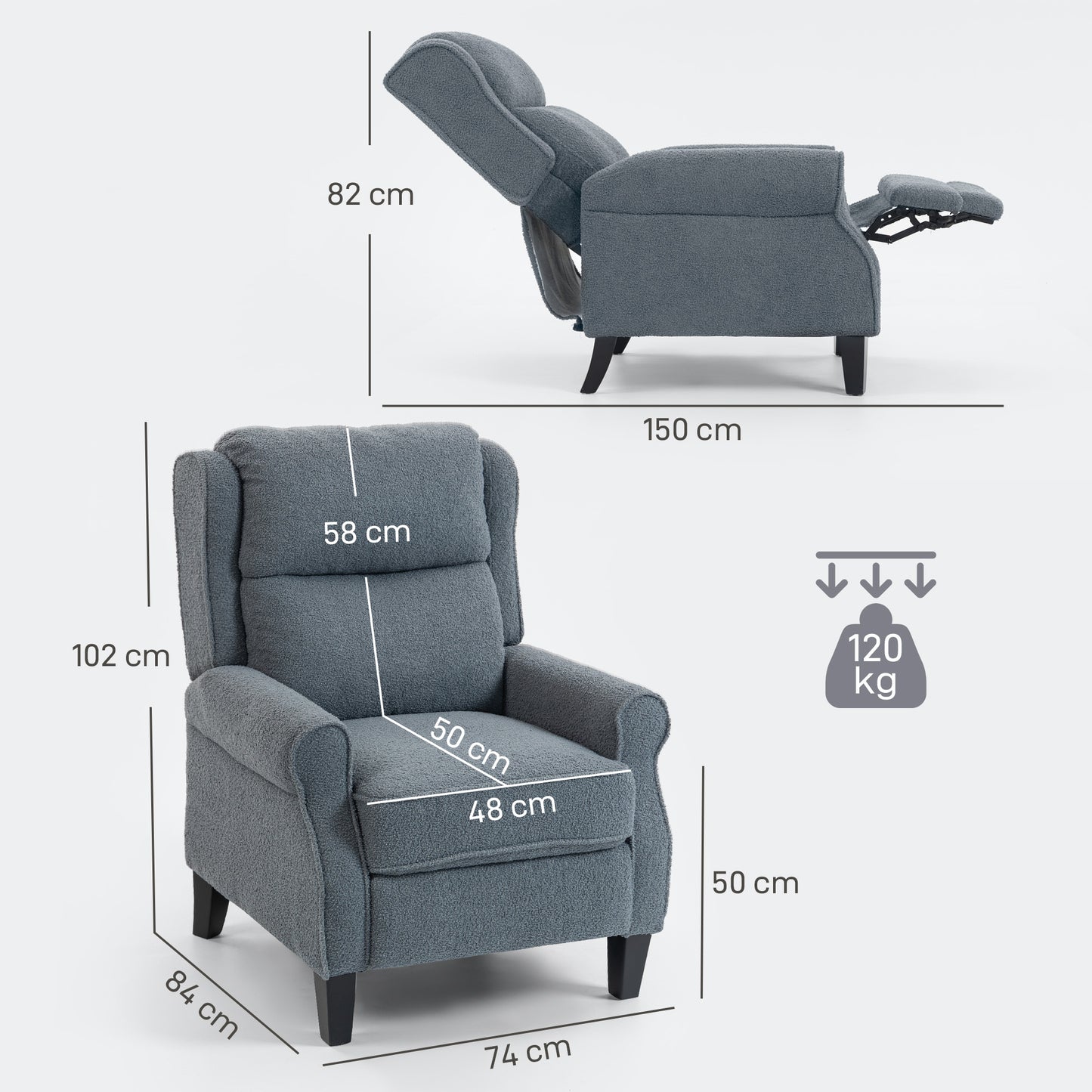 HOMCOM Recliner Armchair With Extended Leg Rest Grey Teddy Fleece Fabric For Tall People 132 Degree Manual Recline