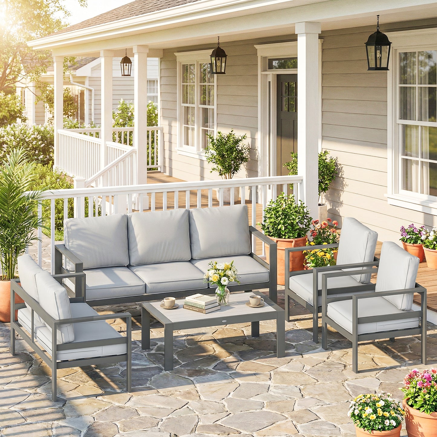 Outsunny 5 Piece Aluminium Garden Furniture Set With Olefin Cushions Extra Deep Outdoor Sofa Dark Grey