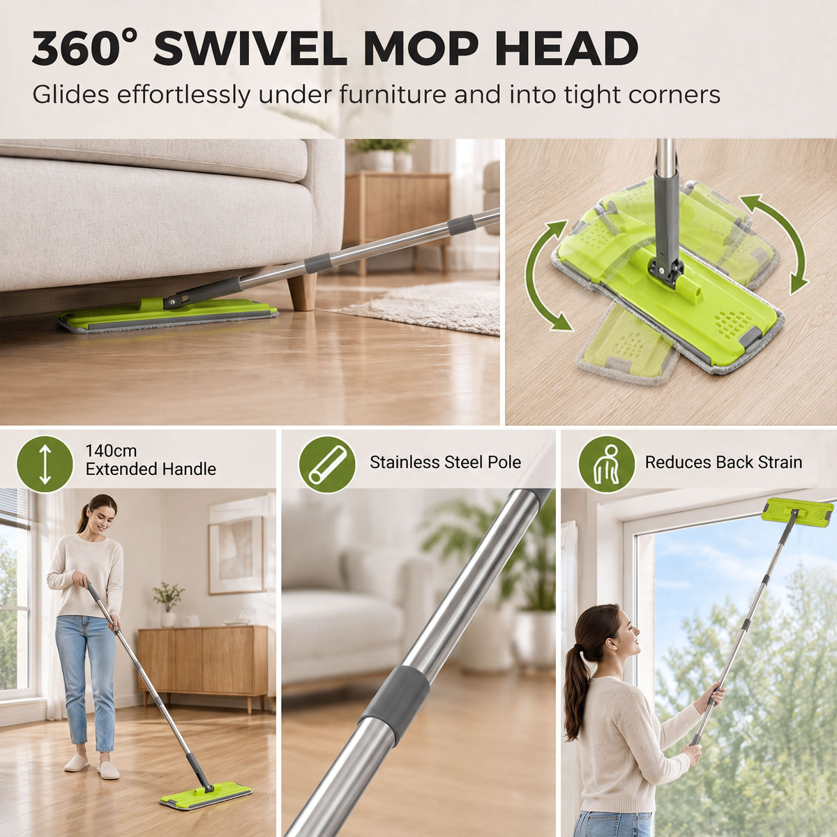 Swivel flat mop head with reusable green microfiber pad and extendable stainless pole
