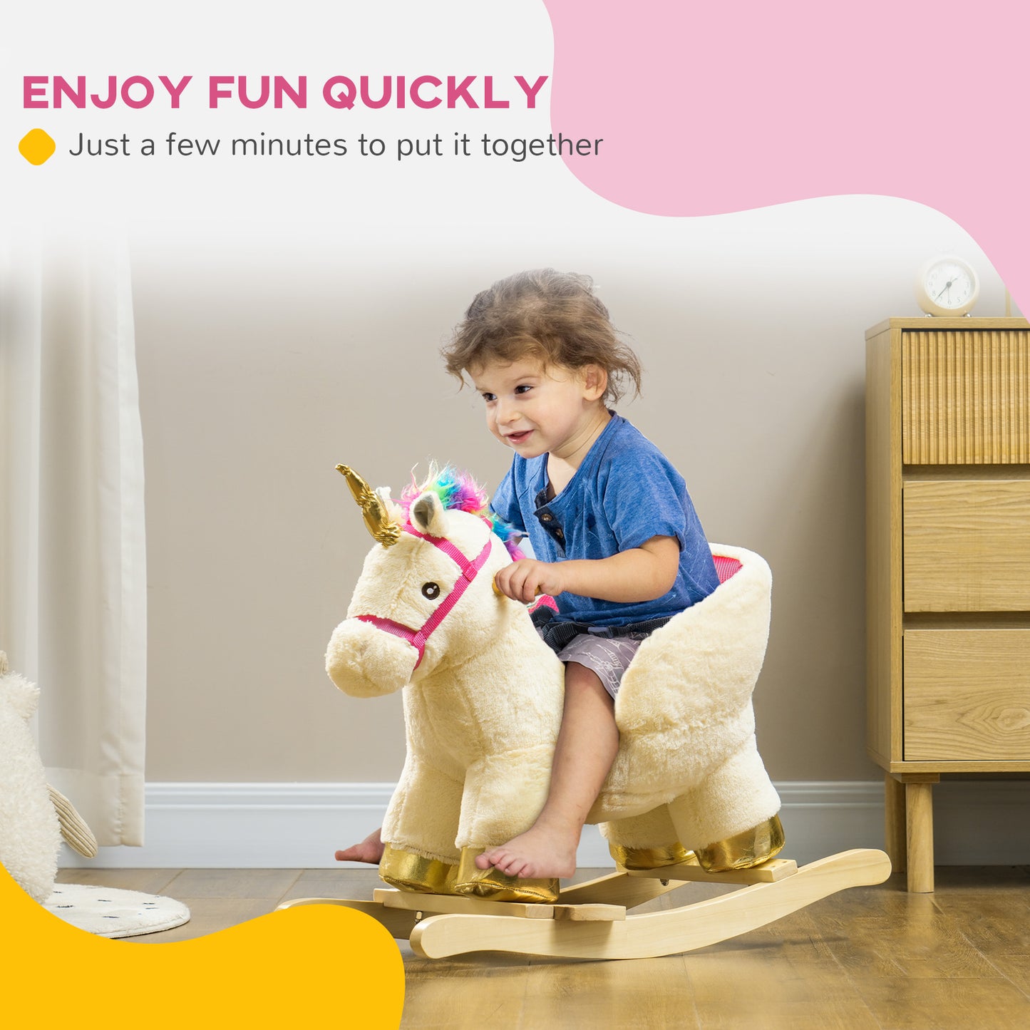 AIYAPLAY Enchanted Unicorn Rocking Horse for Toddlers - Realistic Sounds, Safety Features, Wooden Base