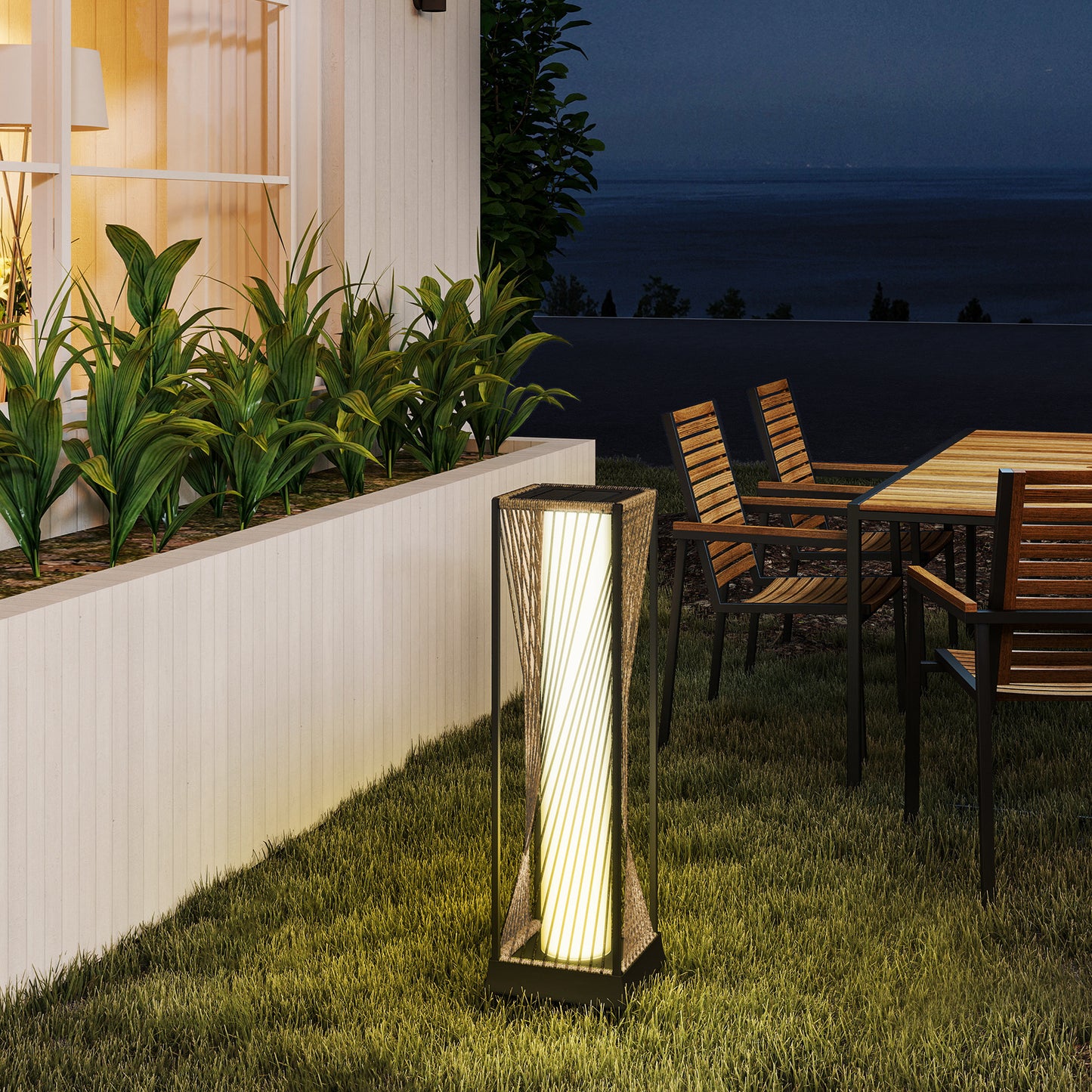 Outsunny Rattan Solar Garden Lights Auto On Off LED Floor Lamp Sand Brown Outdoor Lighting