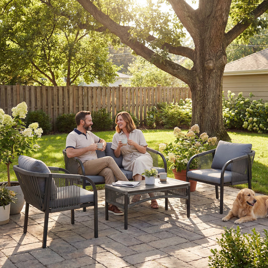 Outsunny 4 Piece Rattan Garden Furniture Set Loveseat Armchairs Table Steel Frame Wicker Patio Conversation Set Grey