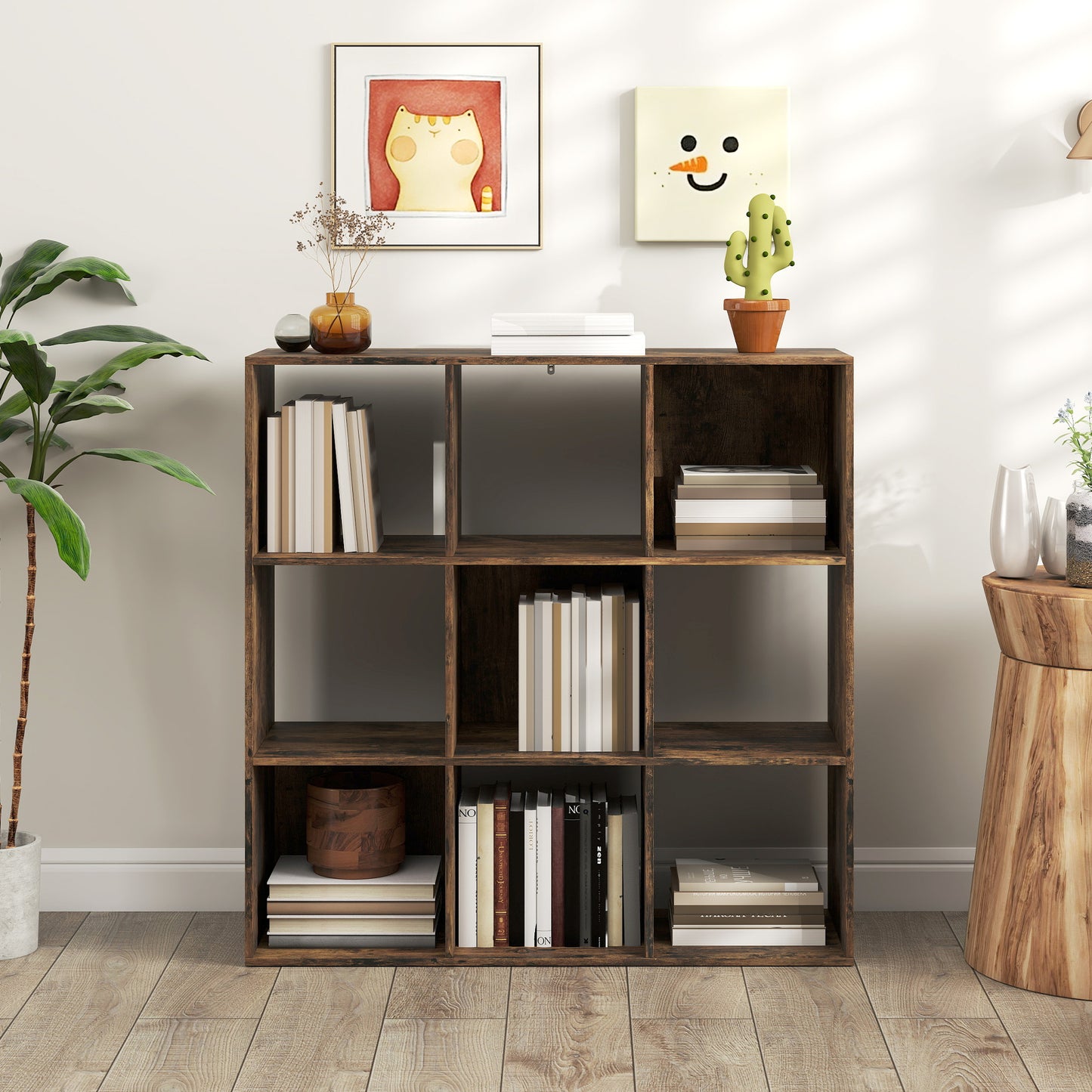 HOMCOM Nine Cube Storage Shelf Rustic Brown Multi Compartment Cube Organizer For Home And Office