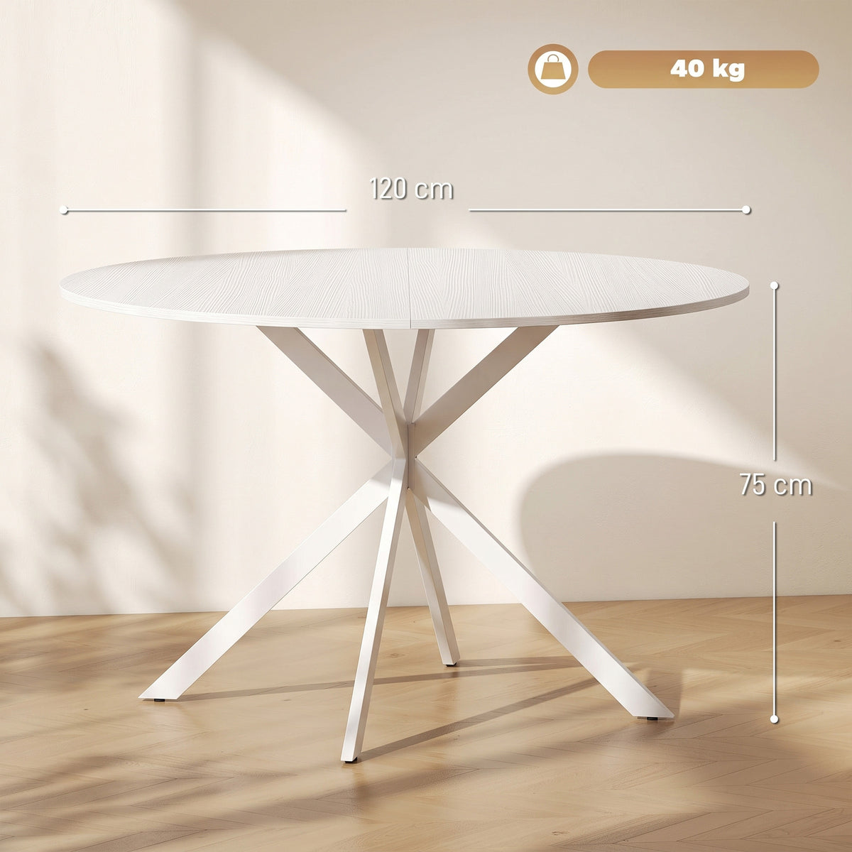 Round dining table dimensions showing white top and white steel X legs