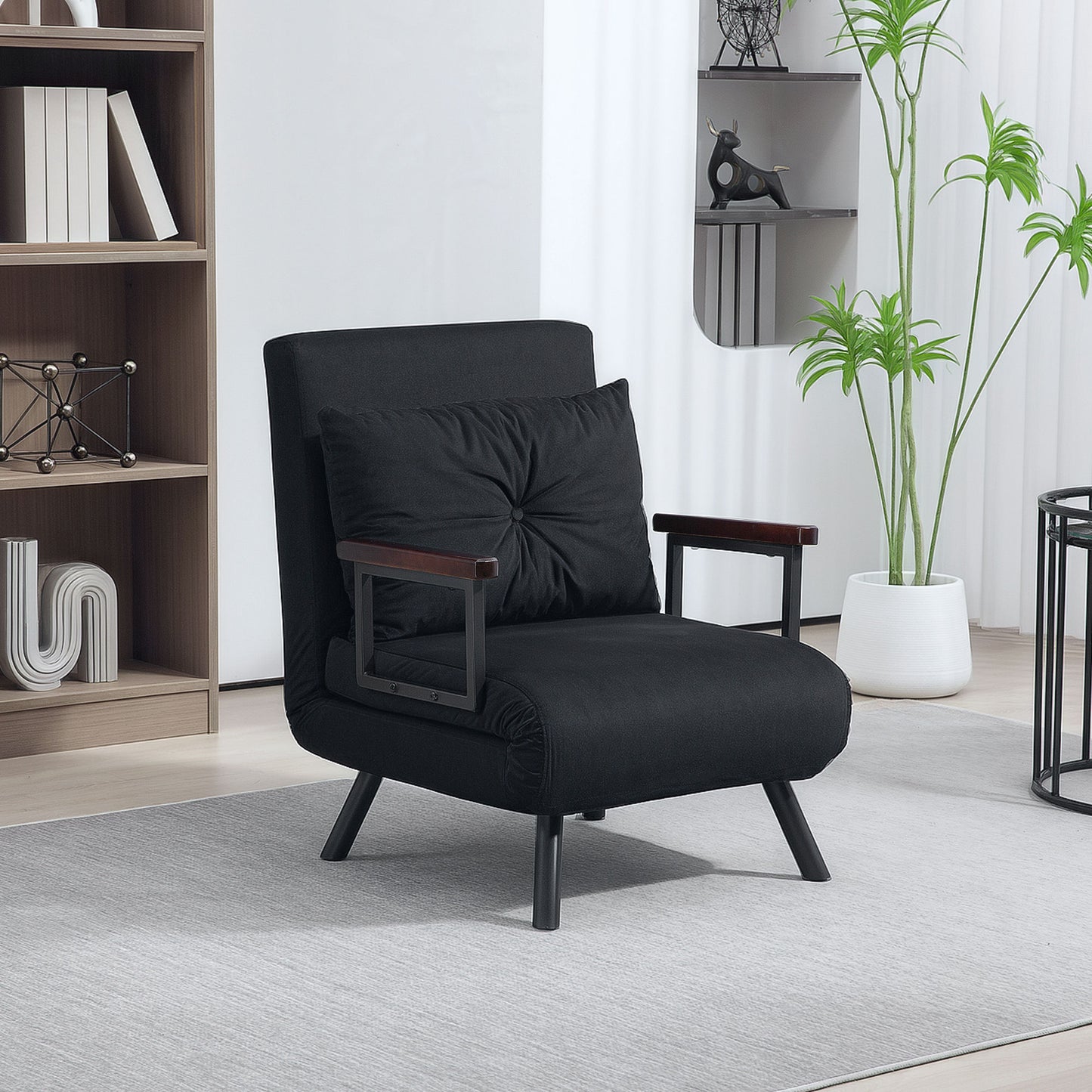 HOMCOM 4 In 1 Velvet Feel Single Chair Bed With Pillow Black Folding Sofa Bed For Living Room
