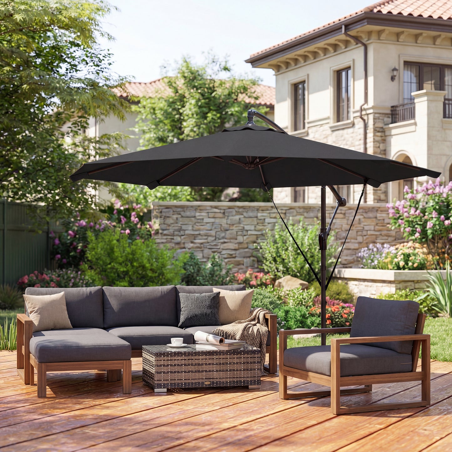 Outsunny 3m Cantilever Parasol With Protective Cover And Wind Ropes Banana Parasol With Crank Handle Black