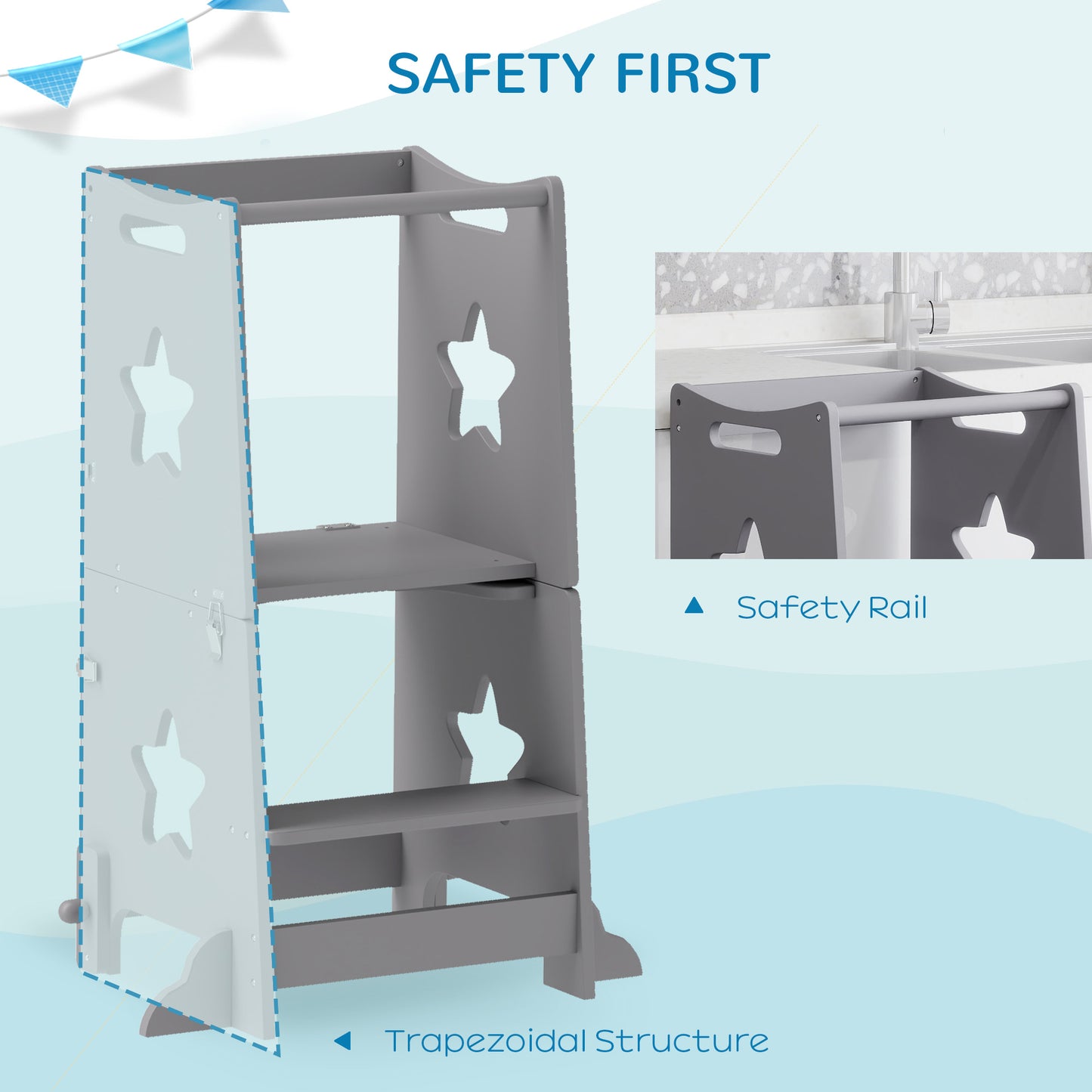 AIYAPLAY 2-In-1 Toddler Step Stool With Safety Rail For Kitchen And Bathroom Grey