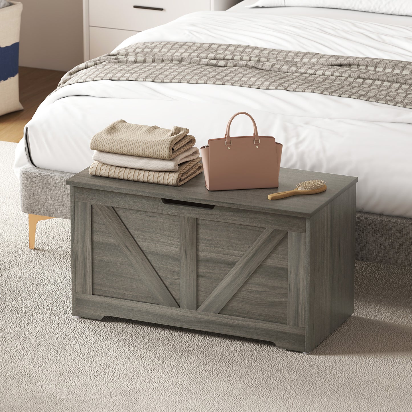 HOMCOM 100L Storage Ottoman Box With Safety Hinges In Charcoal Grey Seatable Trunk