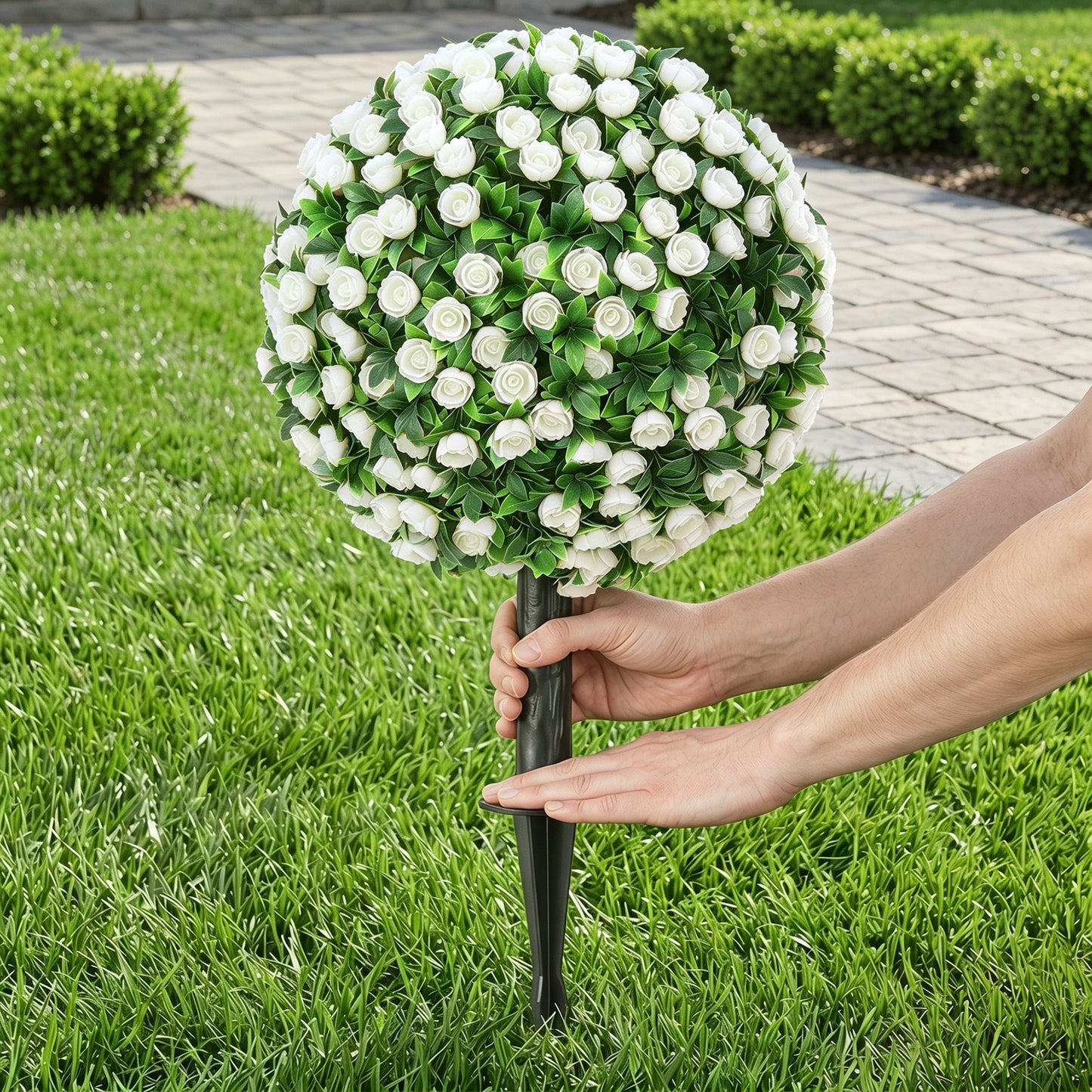 HOMCOM Artificial Rose Topiary UV Resistant 2 Pack Outdoor Garden Decor 55 cm White