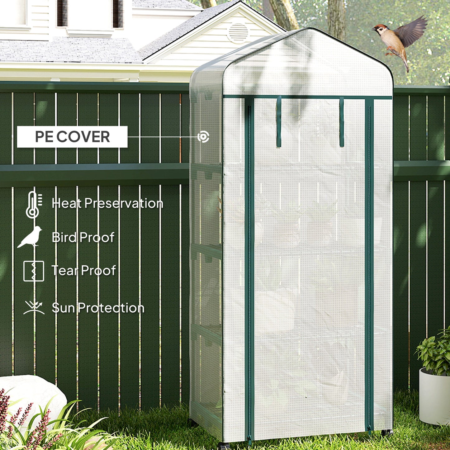 Outsunny 4 Tier Mini Portable Greenhouse with Lockable Rolling Wheels White Metal Frame PE Cover
