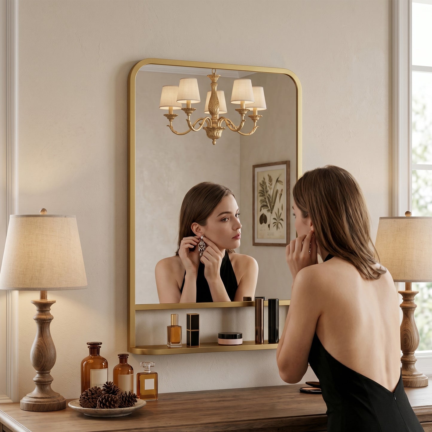 HOMCOM Modern Rectangular Wall Mirror With Storage Shelf Gold Tone Frame 70 X 50 Cm