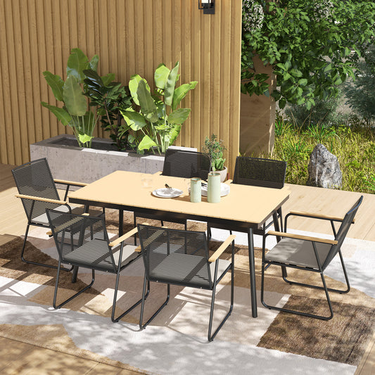 Outsunny 6 Seater Garden Dining Set With Cushions And Rattan Backrests Rectangular Plastic Top Outdoor Patio Furniture