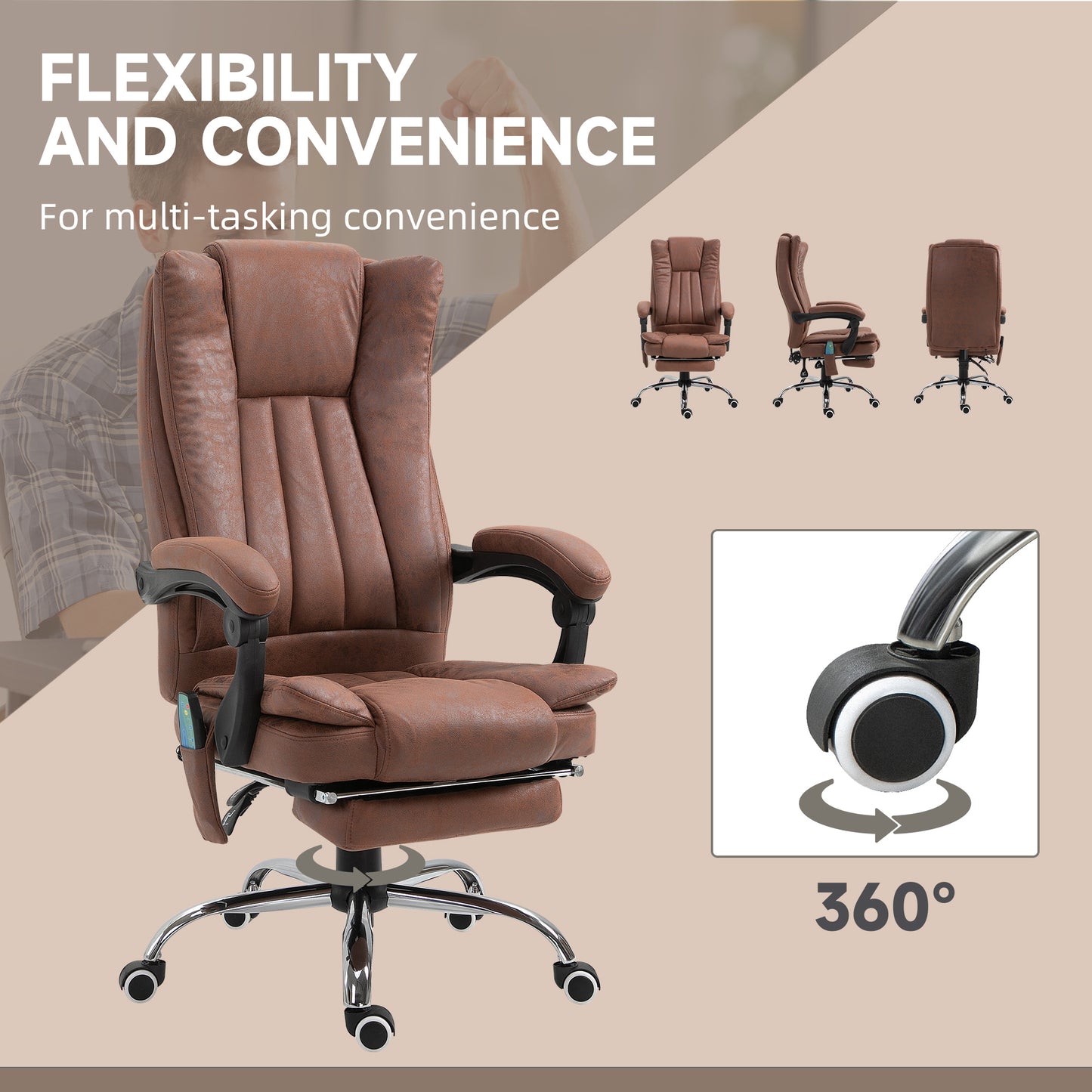 Vinsetto Heated Reclining Massage Office Chair with Footrest, Brown Microfibre High Back Design - ALL4U RETAILER LTD