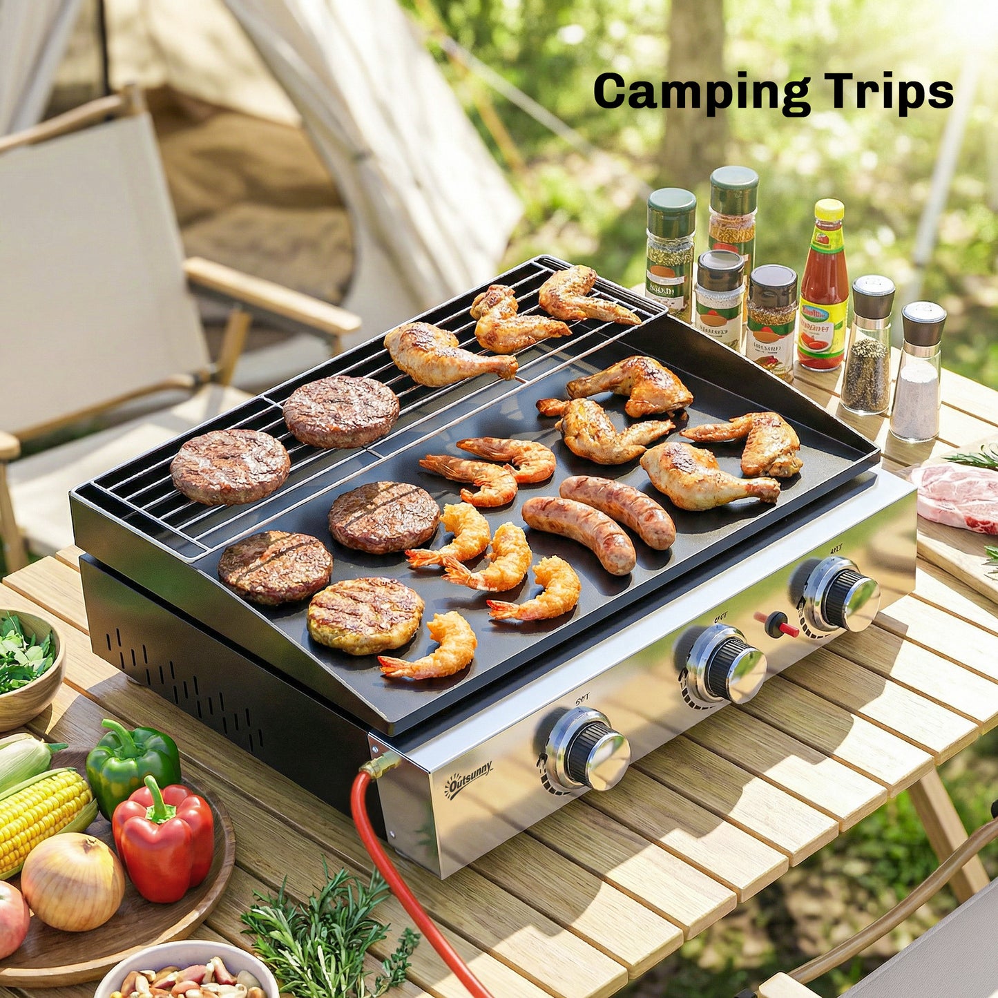 Outsunny 3 Burner Gas Grill Griddle Portable Plancha With Warming Rack And Grease Cup 7.5 Kilowatt Tabletop Black