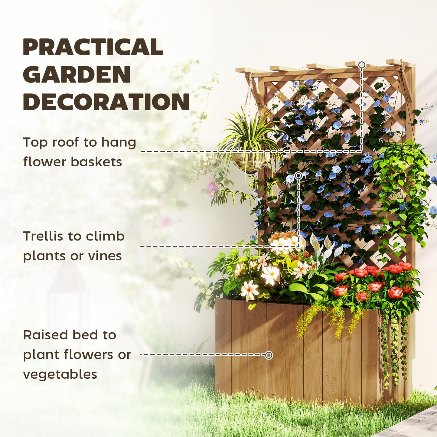 Outsunny Wooden Planter With Trellis Freestanding Raised Garden Bed Drainage Holes Liner Outdoor Natural