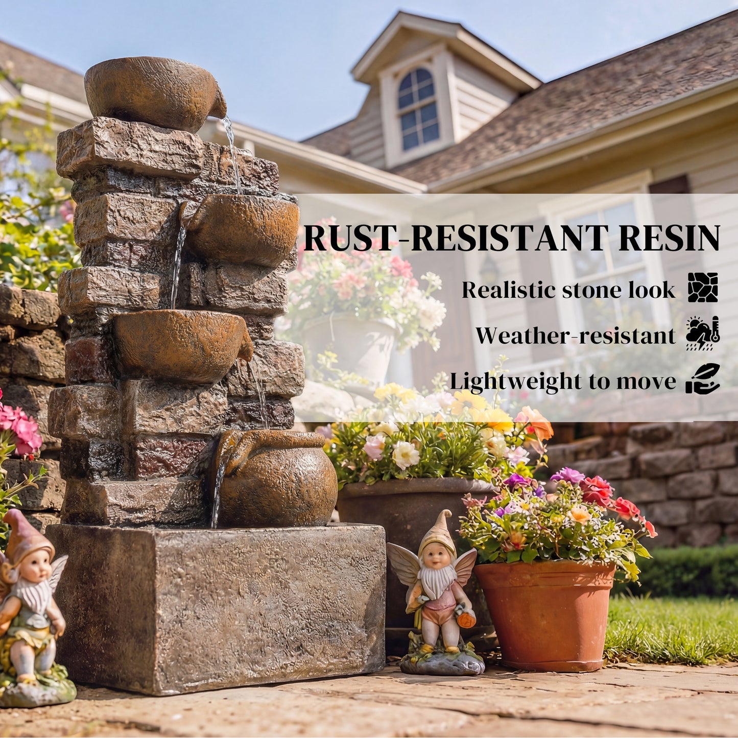 Outsunny 28 Inch 5 Tier Outdoor Fountain With Cascading Waterfall LED Lights Adjustable Flow Rustic Brown